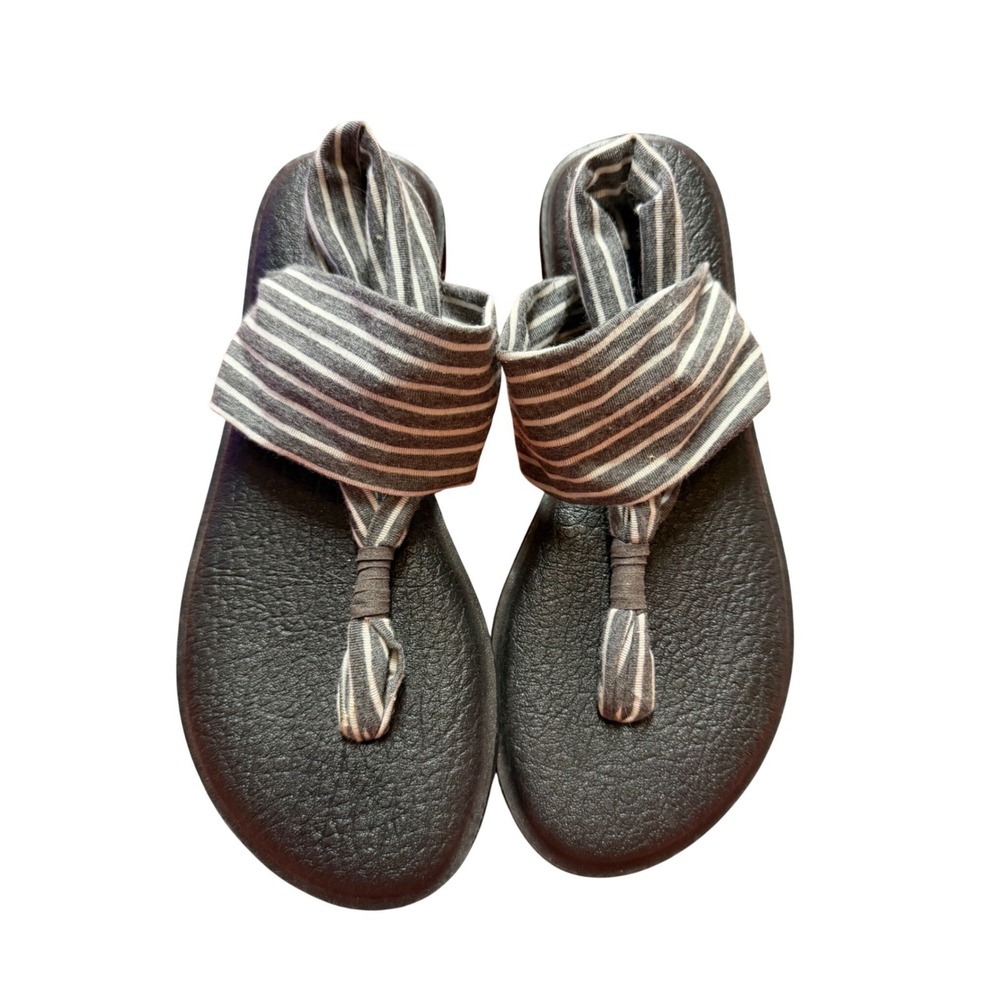 Sanuk Yoga Sling 2 Sandals Womens 7 Black White Striped Fabric Thong Flip Flops
